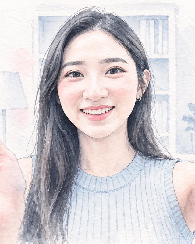部屋でカメラに笑顔で手を振る女性（イメージ）